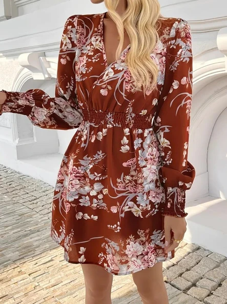 Kadın Uzun Kollu Kruvaze Yakalı çiçek Desenli Mini Süprem Elbise - Resim 2