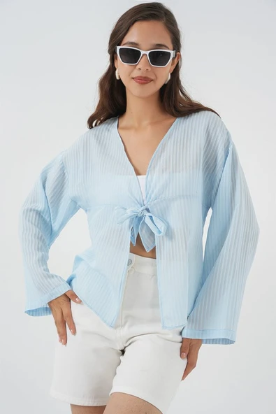 Önü Bağcıklı Bluz 952 - Mavi ürün görseli 1