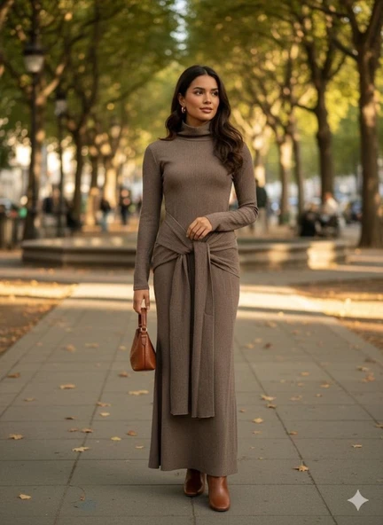 Kadın Uzun Kollubalıkçı Yaka Bürümcük Kumaş Kuşak Dahilkalem Elbise ürün görseli 1