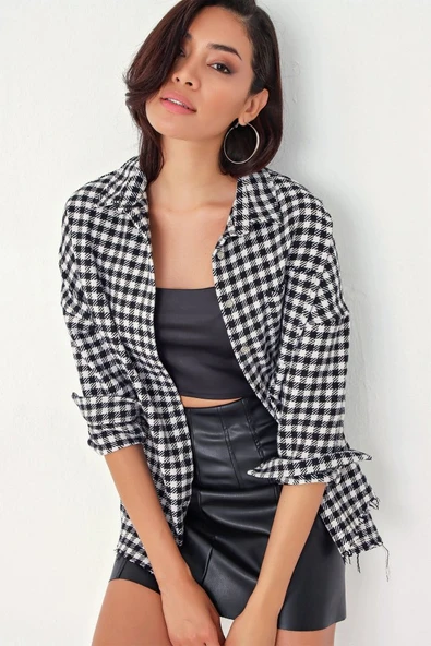 Ekose Desen Oversize Oduncu Gömlek 3854 - Siyah - Beyaz - Resim 2
