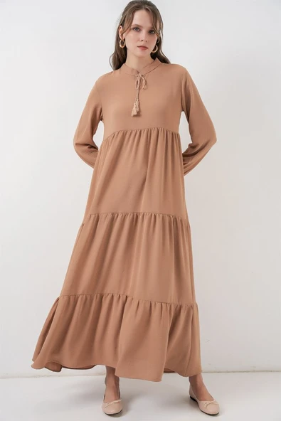 T1627 Yaka Bağcıklı Elbise - D.Vizon - Resim 3