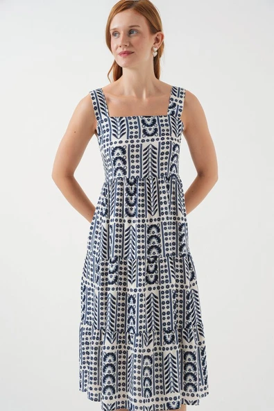 Desenli Askılı Midi Elbise 2577 - Krem - Resim 4