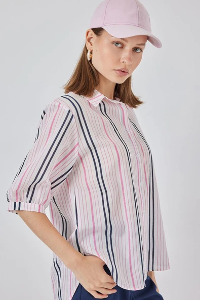 Çizgili Kısa Kol Gömlek 20345 - Pembe - Resim 3
