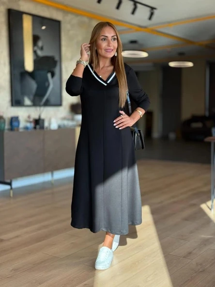 Kadın Uzun Kollu V Yakalı Midi Modal Elbise - Resim 2