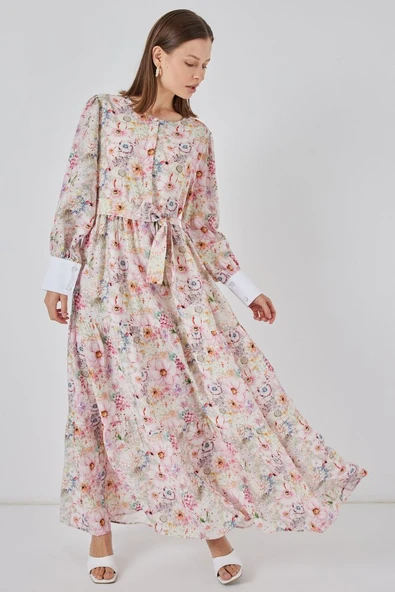 Kuşaklı Uzun Elbise 2584 - Pembe - Resim 2