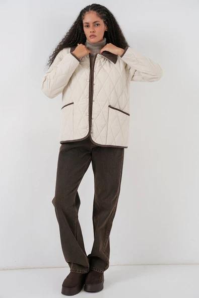 Kapitone Oversize Mont 5226 - Ekru Kahve - Resim 2