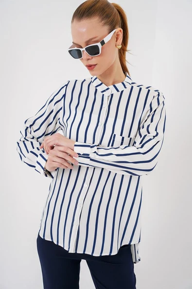 Uzun Kollu Çizgili Gömlek 20283 - B.Lacivert - Resim 3