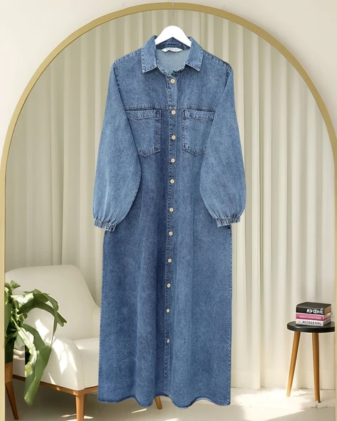 Boydan Düğmeli Kolu Lastikli Cepli Kot Elbise   -Buz Mavi ürün görseli 1