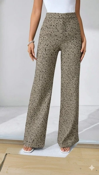Kadın Yüksek Bel Paçaya Doğru Geniş Dokuma Pantolon - Resim 2