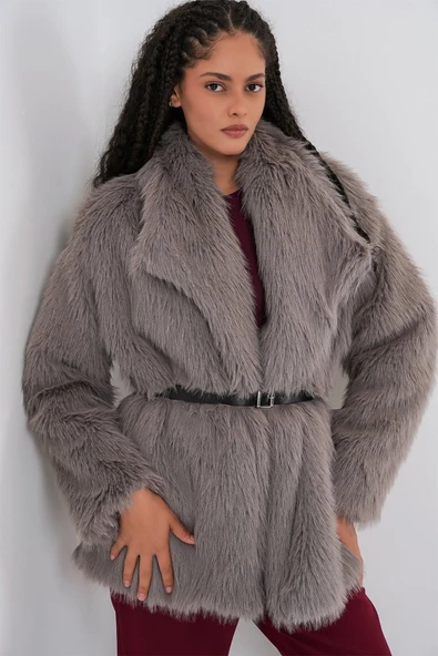 Kemerli Oversize Kürklü Kaban 9156 - Füme - Resim 2