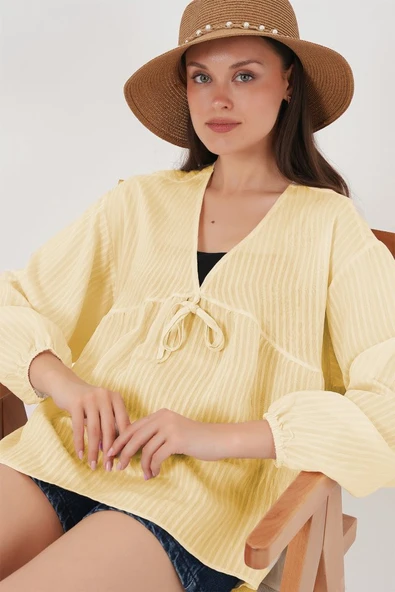 Önü Bağcıklı Uzun Kol Bluz 946 - Sarı - Resim 2