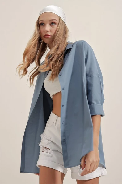 3900 Oversize Uzun Basic Gömlek - İndigo - Resim 4