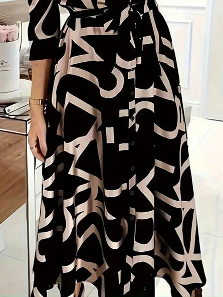 Kadın Uzun Kollu Yakalı önden Düğmeli Uzun Süprem Elbise - Resim 3