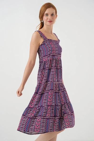 Desenli Askılı Midi Elbise 2577 - Mor - Resim 3