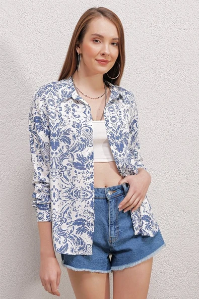 3721 Grafik Desenli Gömlek - Açık Mavi - Resim 4