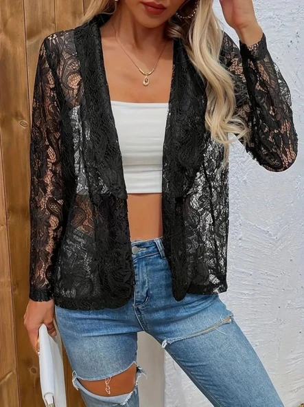 Kadın Uzun Kollu Yakalı önü Açık Dantelli Ceket - Resim 2