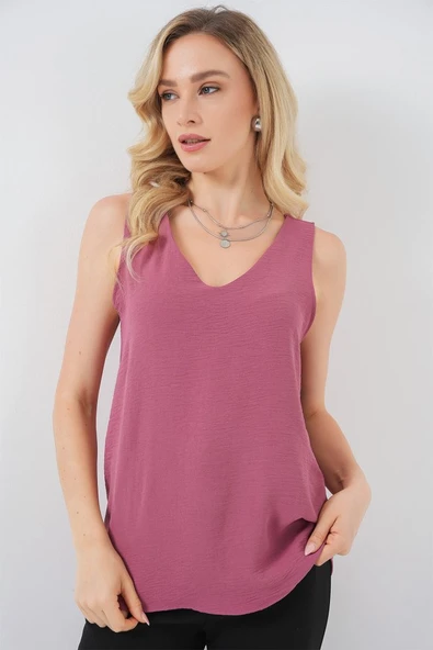 V Yaka Sıfır Kol Bluz 950 - A.Gül Kurusu - Resim 3