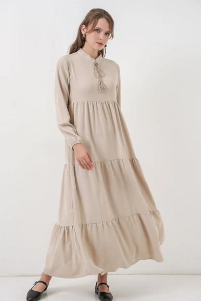 T1627 Yaka Bağcıklı Elbise - Taş ürün görseli 1