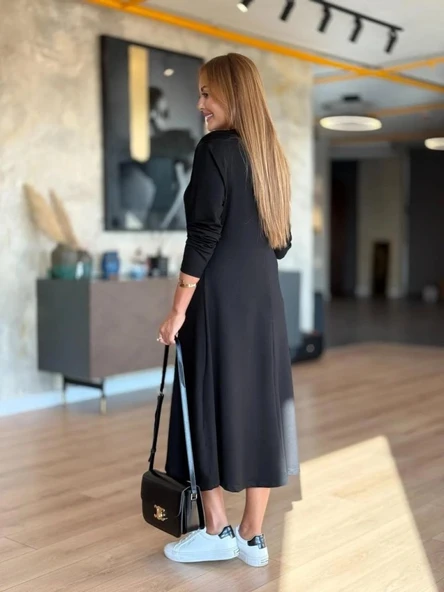 Kadın Uzun Kollu V Yakalı Midi Modal Elbise - Resim 4