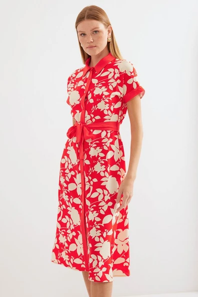 2455 Desenli Gömlek Elbise - Kırmızı ürün görseli 1
