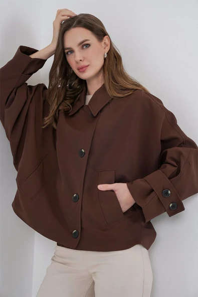 Oversize Kısa Trençkot 5977 - Kahverengi - Resim 4