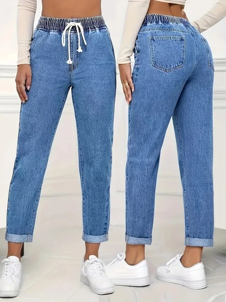 Kadın Yüksek Bel Bağcıklı Kot Pantolon - Resim 2