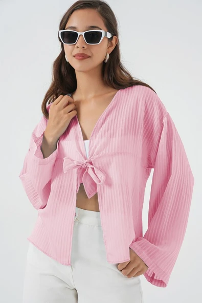 Önü Bağcıklı Bluz 952 - Pudra ürün görseli 1