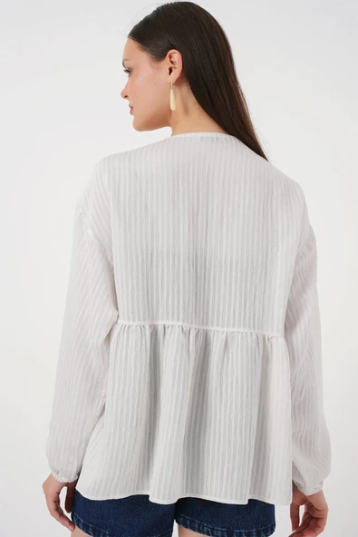 Önü Bağcıklı Uzun Kol Bluz 946 - Ekru - Resim 3