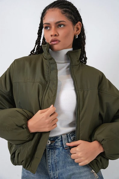 Oversize Bomber Şişme Mont 5124 - Haki - Resim 4