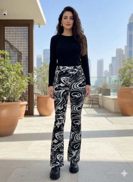 Kadın Yüksek Bel Krep Kumaş Bol Paça Pantolon - Resim 2