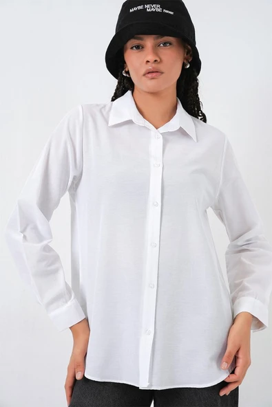 Oversize Basic Gömlek 20349 - Beyaz - Resim 2