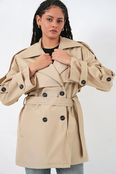 Kuşaklı Kısa Trençkot 5974 - Bej - Resim 3