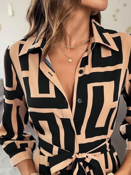 Kadın Uzun Kollu Yakalı önden Düğmeli Uzun Süprem Elbise - Resim 4