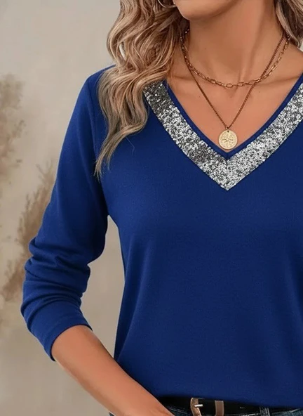 Kadın Uzun Kollu V Payet Yakalı Viskon Bluz - Resim 3