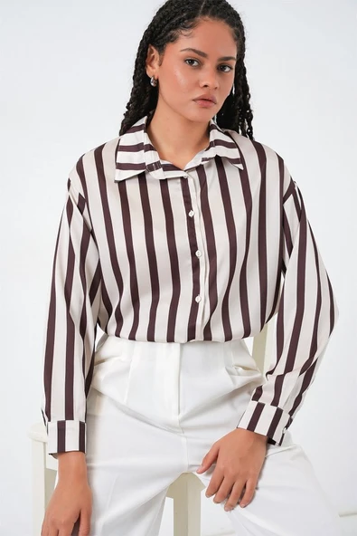 3964 Hafif Dökümlü Saten Gömlek - M. Kahverengi - Resim 3