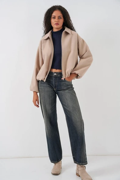 Büzgülü Oversize Kaşe Ceket 0728 - Bej - Resim 2