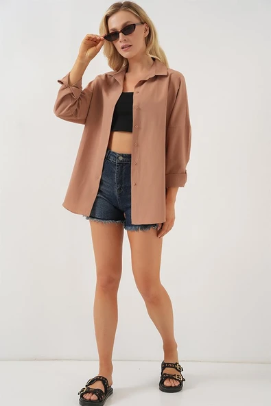 3900 Oversize Uzun Basic Gömlek - Camel - Resim 2