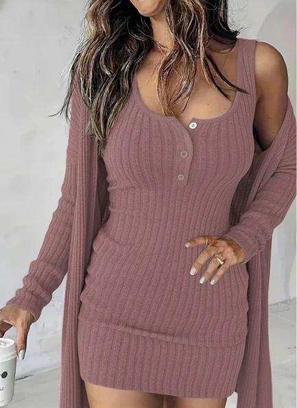 Kadın Askılı Yuvarlak Yakalı önü Düğmeli şardonlu Kaşkorse Mini Elbise Ve Kısa Ceket ürün görseli 1