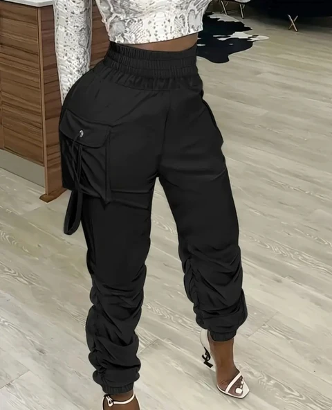 Kadın Yüksek Bel Beli Lastikli Kargo Cep Detaylı Gabardin Pantolon ürün görseli 1