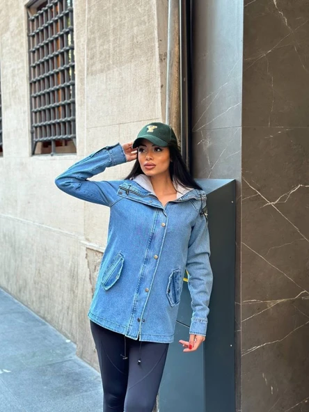 Kadın Ek Parça Kapüşon Kol Arma Detay Gabardin Ceket - Resim 2