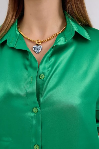3964 Hafif Dökümlü Saten Gömlek - Yeşil ürün görseli 1