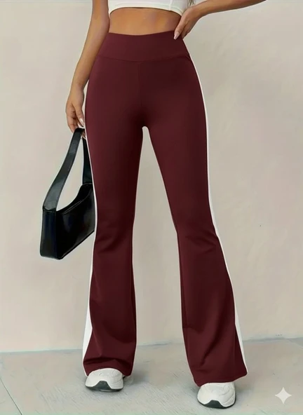 Kadın Yüksek Bel İspanyol Paçalı Yanlardan şerit Detaylı Dalgıç Tayt Pantolon - Resim 2