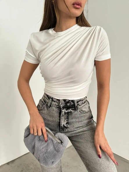 Çapraz Büzgülü Kısa Kol Sandy Bluz -Beyaz ürün görseli 1