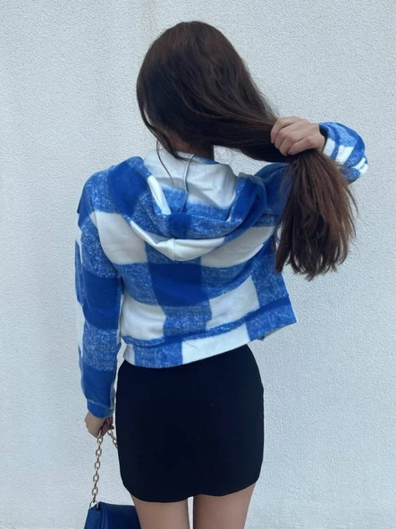 Kapşonlu Ekose Polar Crop Ceket -Mavi - Resim 2
