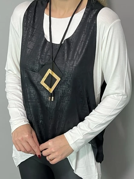 Kadın Siyah Deri Yelekli Kolye Dahil üçlü Takım - Resim 5