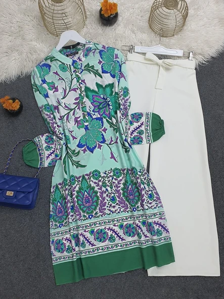 Çiçek Desenli Yarım Düğmeli Pamuk Viskon Tunik -Yeşil - Resim 2