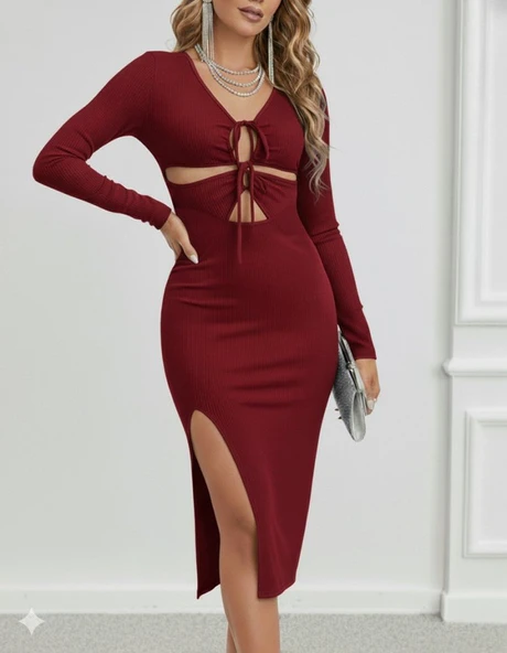 Kadın Uzun Kollu Göğüs Ve Göbek Dekolte Detay Sandy Midi Boy Elbise - Resim 3