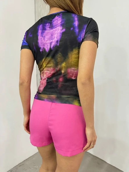 Bel Omuz Büzgülü Batik Baskı Sendy Bluz -Mor - Resim 3