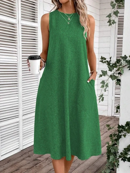 Kadın Kolsuz Bisiklet Yaka Cepli Midi Keten Elbise - Resim 3