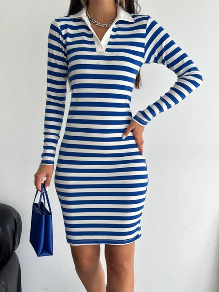 Yakalı Çizgili Uzun Kol Elbise -Mavi - Resim 2